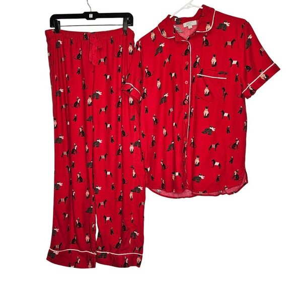 Loft Sleep Red Dog Print Pajama Set Cotton Blend‎ Top Bottoms Size S/M Dog Lover - Picture 1 of 15